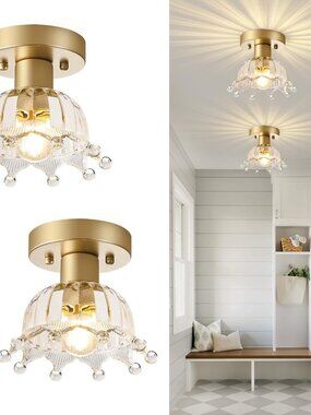 2 Pack Gold Modern Ceiling Light, Small Kitchen Light Fixtures, Glass Semi Flush